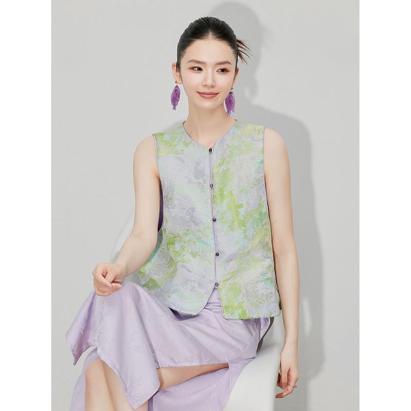 【Zhihetao】Spring and Summer Purple Jade Glass Vest for Women, Brocade Jacquard National Style Top Vest 3011 Jade Color