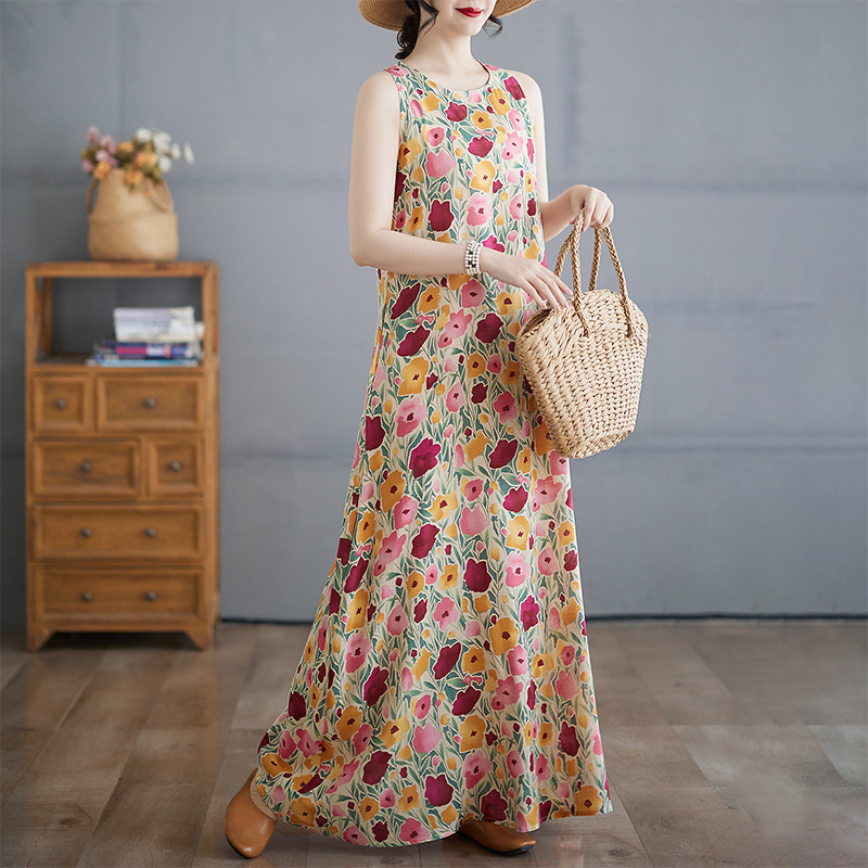 Real Shot Bohemian Maxi Dress Summer Fattened Oversleeveless Crew Neck Print Dress_ecoleips.com