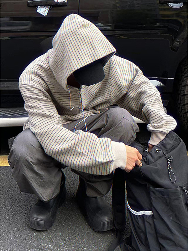 黑白条纹连帽开衫卫衣男款秋季潮牌设计感小香风美式街头拉链外套|undefined
