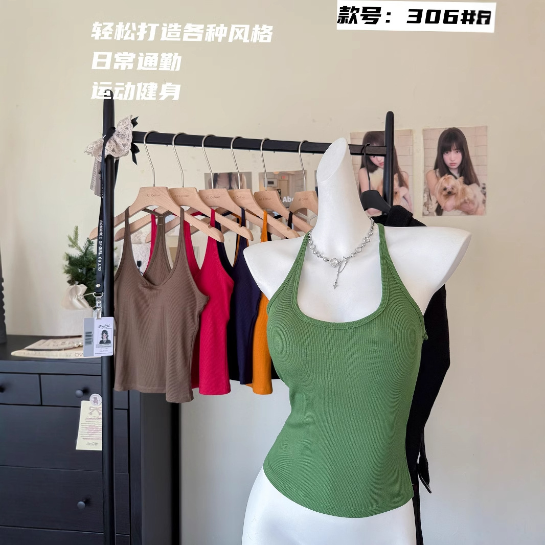 辣妹挂脖吊带背心带胸垫夏季多巴胺彩色外穿上衣修身显瘦内搭306