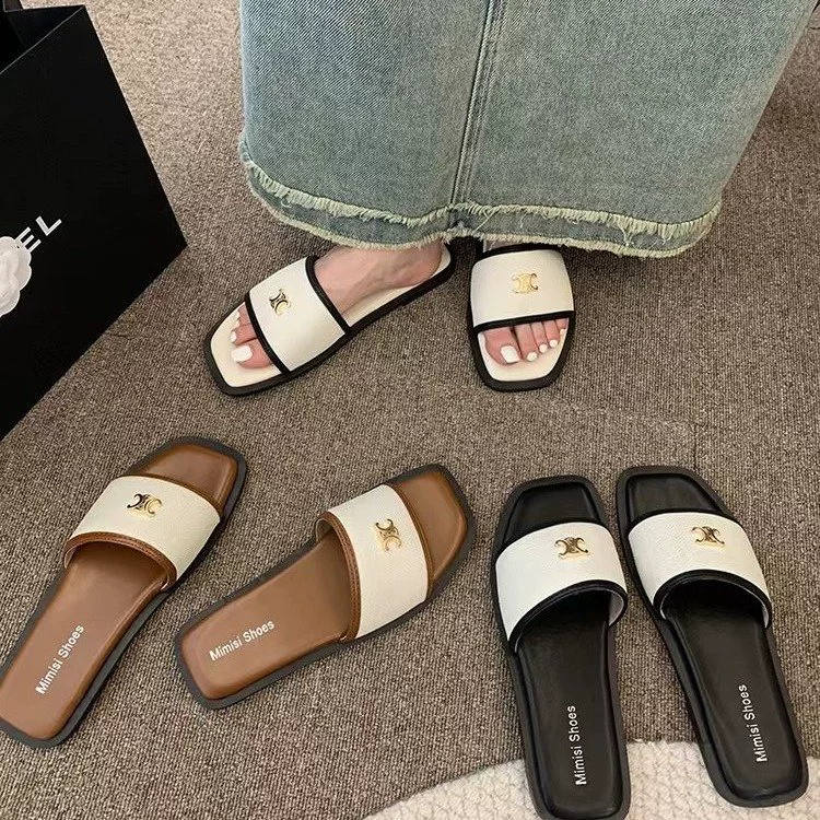 Женские туфли в стиле французского кольороведения, плетеные слипоны с квадратным носком в стиле Chanel, элегантные открытые тапочки на плоской подошве в стиле кольороведения, большие размеры.