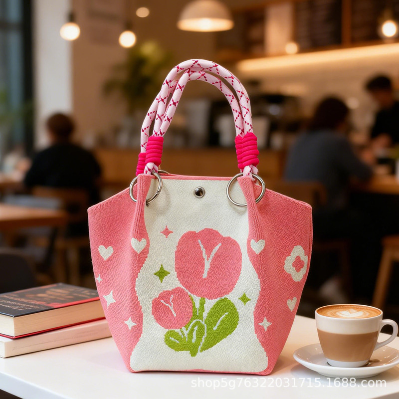 Korean-Style Floral Knitted Bag, Makeup Bag, Fashionable, Portable, Versatile Knitted Ring Buckle Bag, Hand-Held Commuting Small Square Bag Korean-Style Floral Knitted Bag, Makeup Bag, Fashionable, Portable, Versatile Knitted Ring Buckle Bag, Hand-Held Commuting Small Square Bag