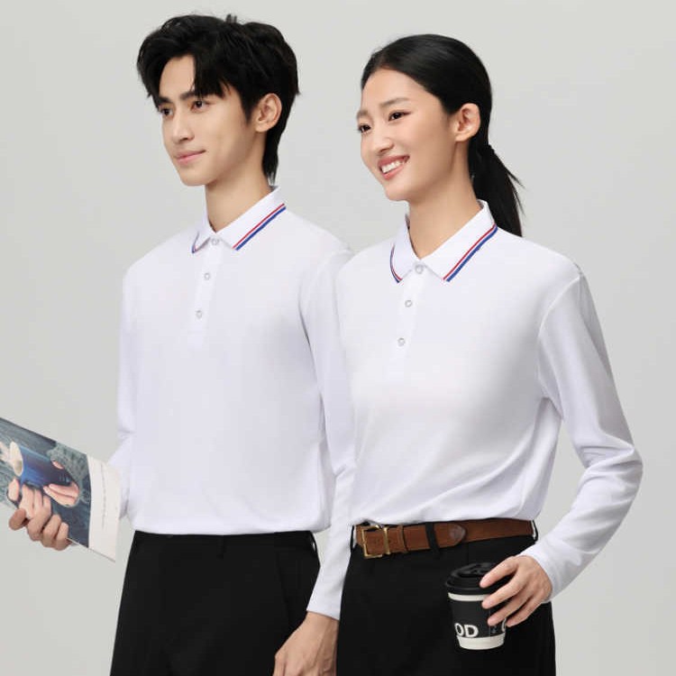 Business casual men's and women's spring and autumn long-sleeve polo shirt with turn-down collar, workwear cotton shirt with printed logo
