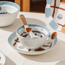 韩式风3件套圆形陶瓷碗5英寸米饭碗盘子一整套餐具套装节日礼品