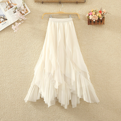 Irregular ruffled chiffon skirt, women's spring/autumn high-waisted skirt, half-length skirt, maxi skirt with a voluminous hem that creates a slimming effect.