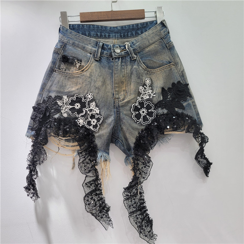 Pantalones Cortos de Mezclilla con Encaje e Impresión de Talle Alto Línea A para Verano