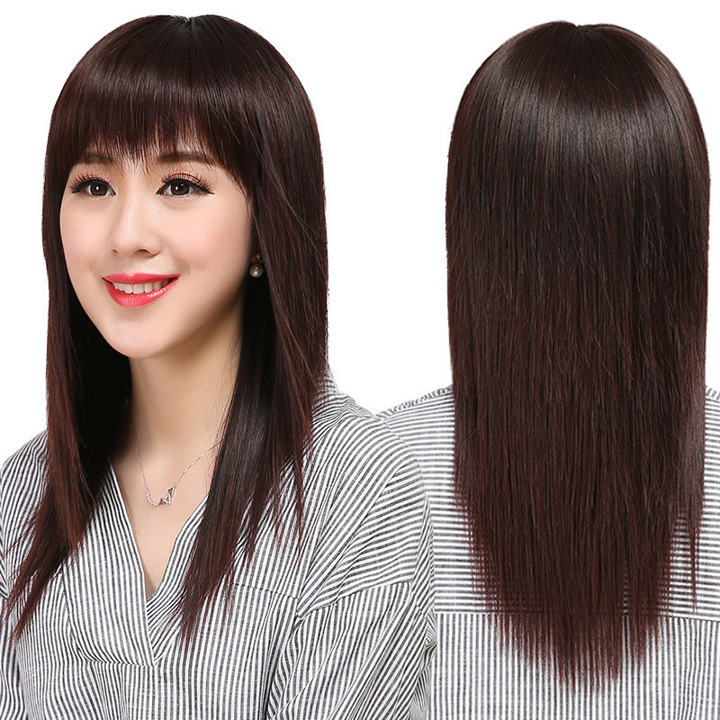 Middle-aged and elderly wig women's black high temperature silk long straight hair fashion mother breathable wig full head cover spot