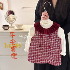 Lini New Year Children's Clothing Girls' Little Perfume Style Backless Skirt Winter Stylish Dress Baby Doll Collar Checkered Dress