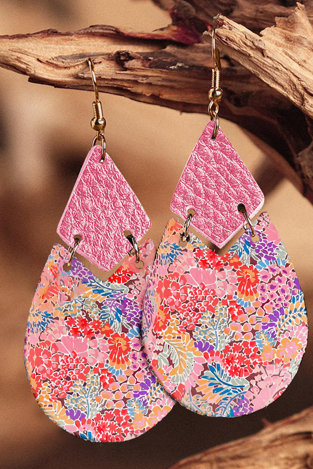 Retro Water Droplets Flower Leopard Pu Leather Patchwork Women's Drop Earrings display picture 4