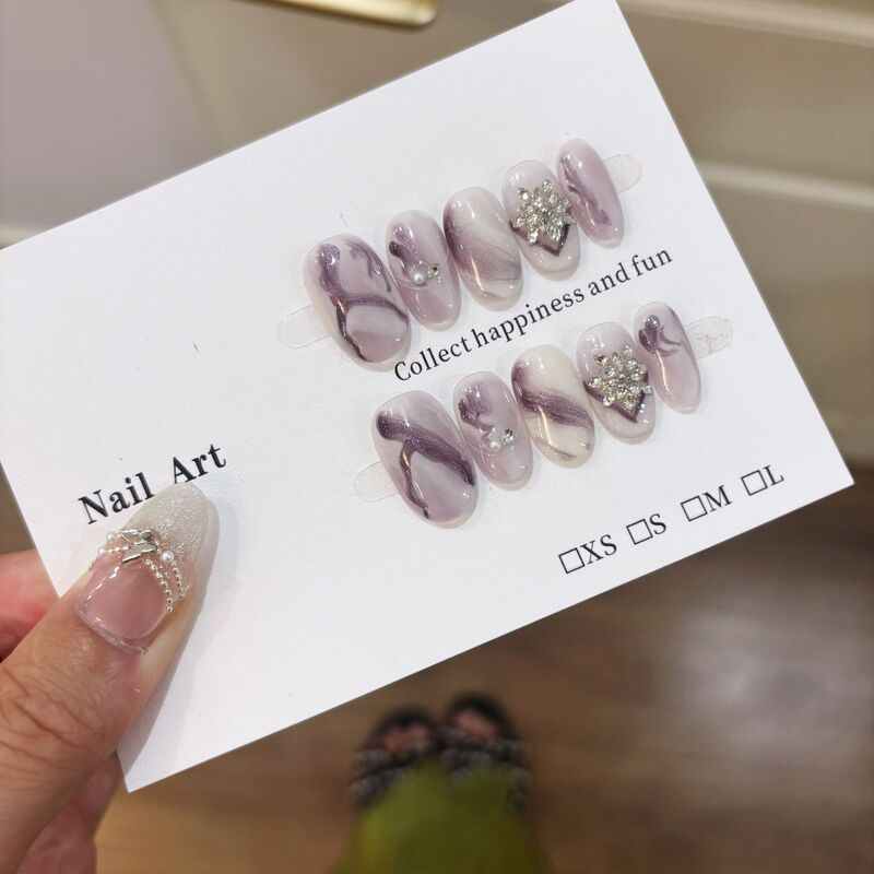 Men's [Purple Charm] Sweet Ins-Style Wearable Nails, Purely Handmade, Simple and Elegant for Everyday Use, with a High-End Feel and Zircon Embellishment