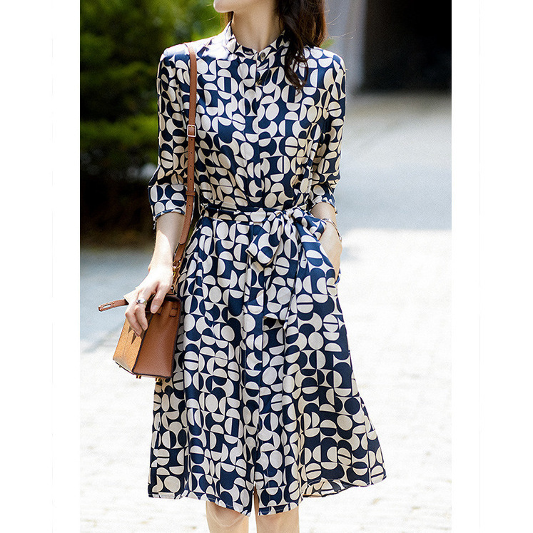 Mulberry Silk Floral Dress, Summer Classy Hangzhou Women's Clothing, Twill Satin Printed Shirt and Skirt, Mid-Length Mulberry Silk Floral Dress, Summer Classy Hangzhou Women's Clothing, Twill Satin Printed Shirt and Skirt, Mid-Length