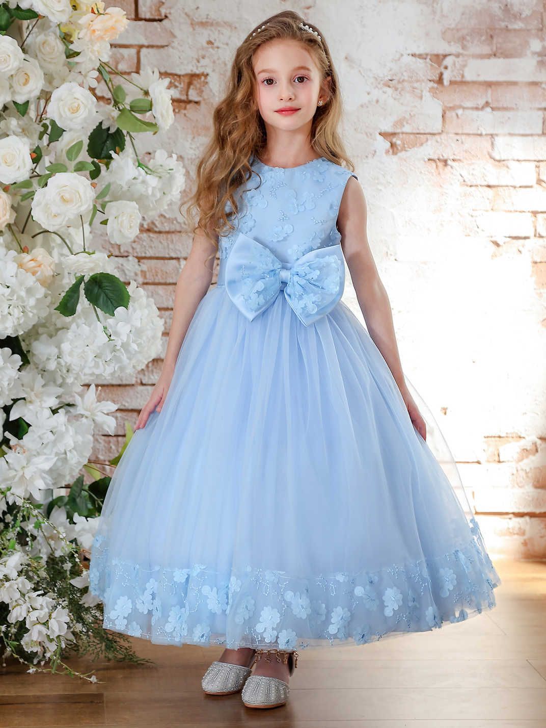 Vestido transfronterizo para niños de Amazon, vestido de novia para niñas, vestido de princesa para niñas, vestido de encaje azul para niños