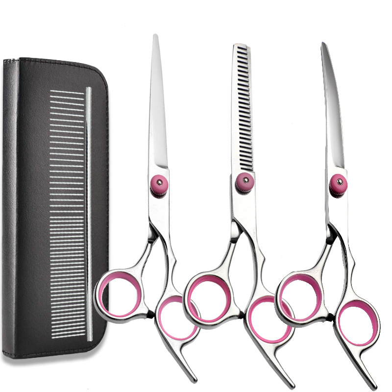 Fábrica al por mayor de acero inoxidable para mascotas tijeras de belleza conjunto profesional perro fino diente tijeras corte de pelo tijeras curvadas conjunto