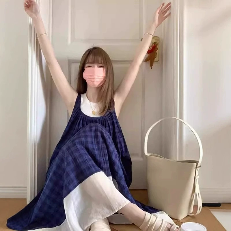 Синее клетчатое платье на подтяжках для женщин летом, во французском стиле, миниатюрное, соленое, сладкое, жилет, длинная юбка с широким подолом.