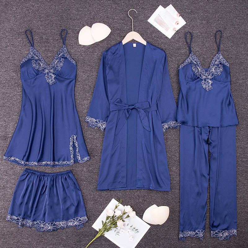 Yaoting-pijamas de gasa satinada para primavera y verano, conjunto de cinco piezas de seda helada, ropa de casa sexy informal y sencilla con almohadillas para el pecho