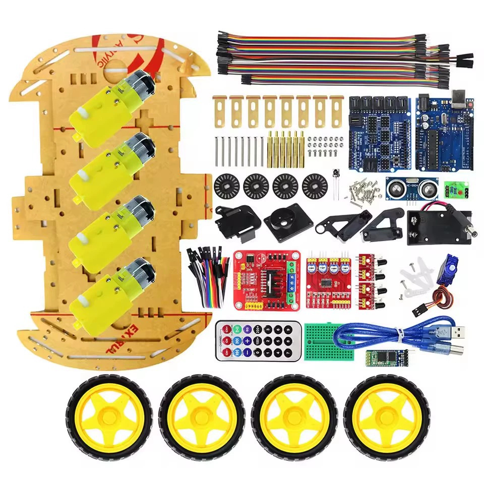 Uno R3 Four-Wheel 4Wd Smart Car Code Disc Speed Measurement Tracking and Obstacle Avoidance Bluetooth Remote Control Robot Kit DIY