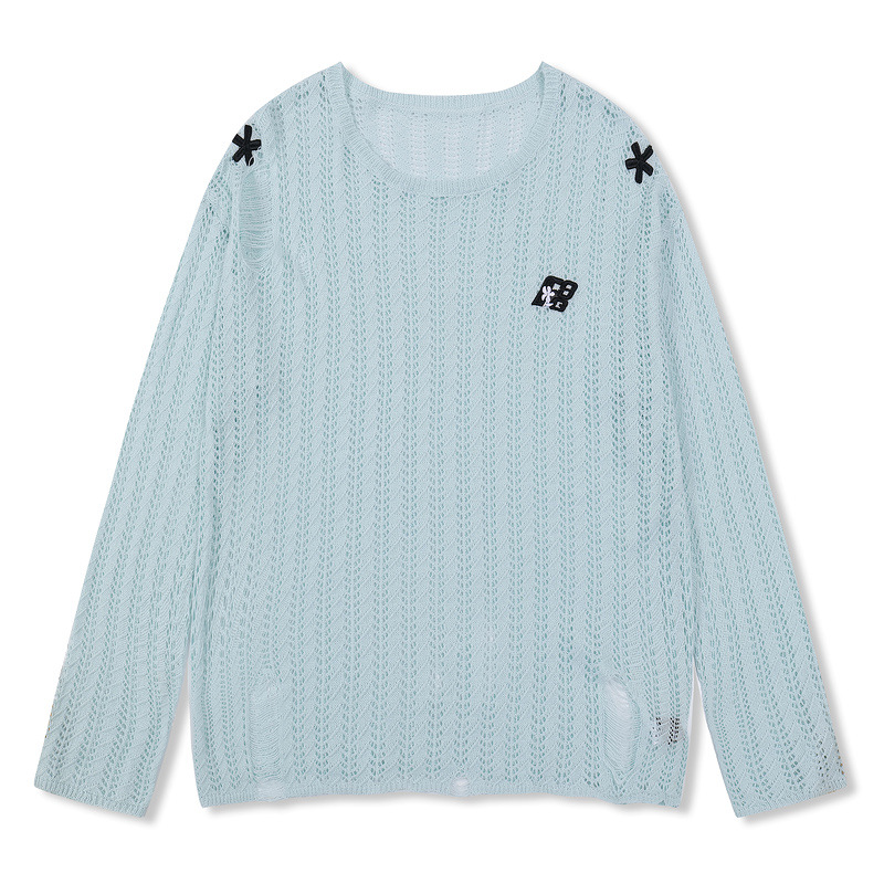 服の紳士服のアメリカ刺繍の透かし彫りのニットtシャツの男女の夏のタイプの怠惰な大衆の長袖insのブラウス