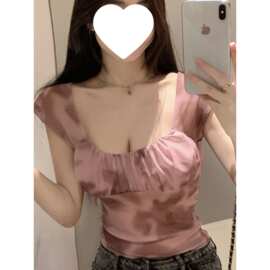 纯欲性感大领短袖恤女夏别致设计感小个子高腰露脐紧身短款上衣