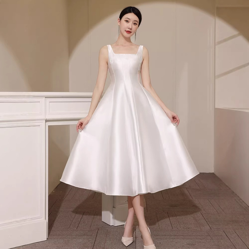Elegant French-Style Satin Wedding Dress with Square Neckline, 2026 New Model, Light Wedding Gown for Engagement Party, White Hepburn Style Elegant French-Style Satin Wedding Dress with Square Neckline, 2026 New Model, Light Wedding Gown for Engagement Party, White Hepburn Style
