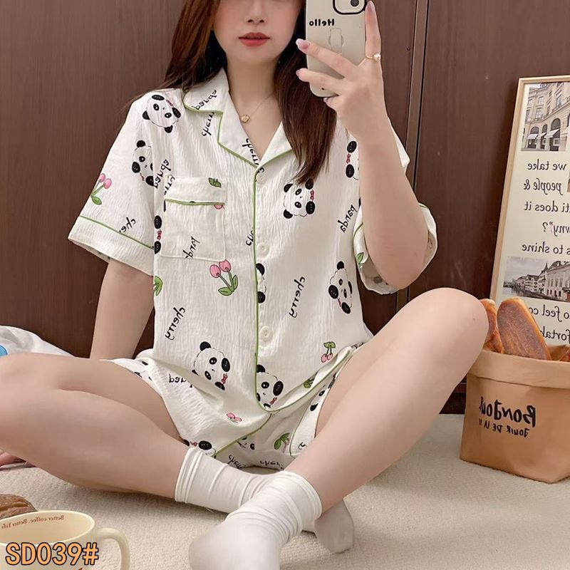 Venta al por mayor transfronteriza de pantalones cortos de manga corta, pijamas de algodón de nube, mujer, dibujos animados de verano, traje de servicio a domicilio lindo, solapa
