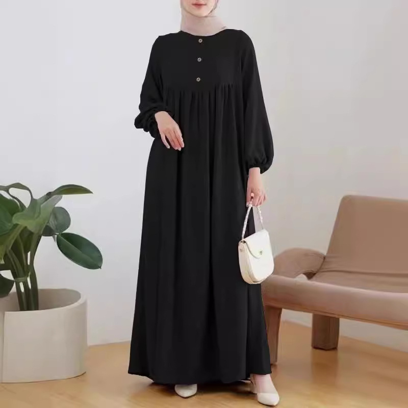2024 cross-border new Muslim women's robe fashion casual bubble sleeve simple loose solid color dress