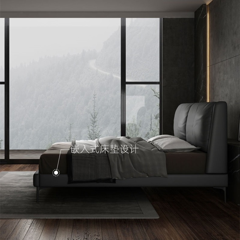 Cama de cuero, cama minimalista italiana, cama de lujo ligera, cama moderna, cama de envoltura blanda nórdica, dormitorio principal, cama doble de cuero