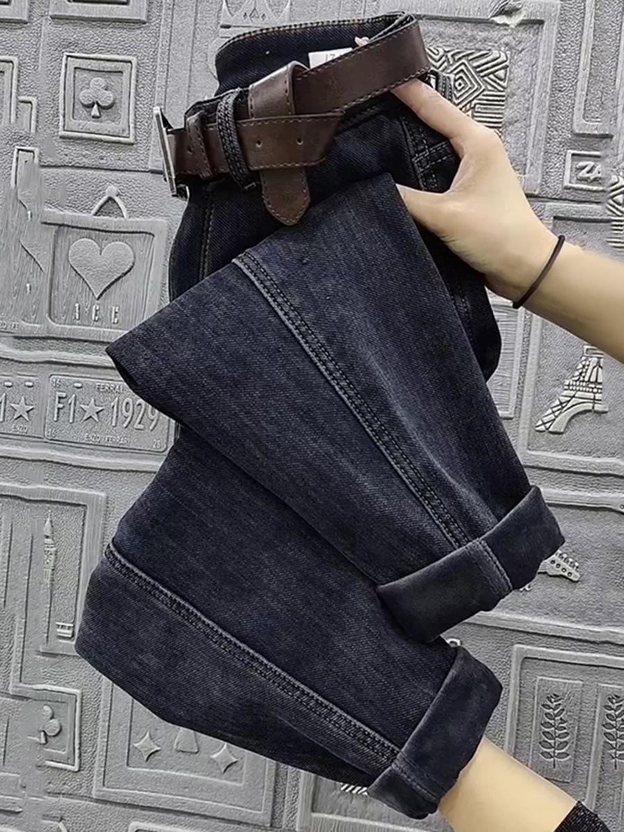 plus Size Fleece Lined Straight Leg Jeans High Waisted Slimming Cropped Dad Style Harem Pants for Women Autumn Winter Casual Fashion_voghion.com