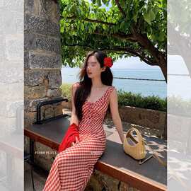 【原版做法＋内里】甜美法式红色格子吊带连衣裙子女度假风鱼尾长