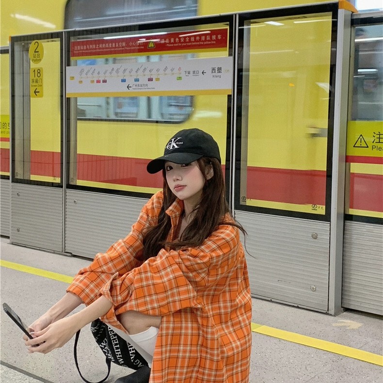 American Retro Orange Plaid Long-Sleeved Shirt for Women Spring & Fall Niche Design Loose Casual Sun Protection Couple Jacket American Retro Orange Plaid Long-Sleeved Shirt for Women Spring & Fall Niche Design Loose Casual Sun Protection Couple Jacket