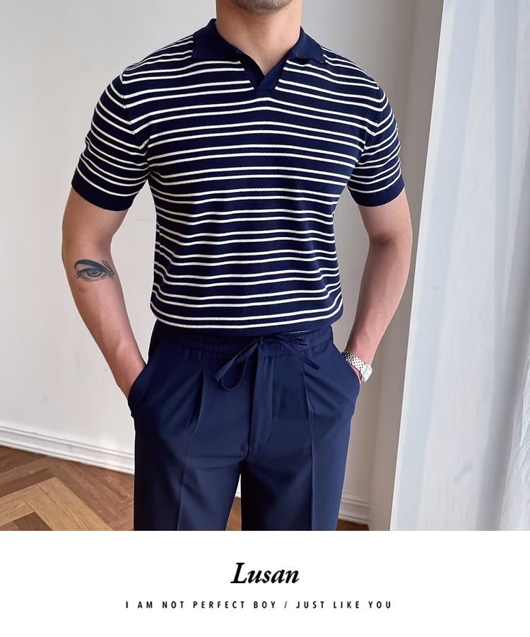 245g Weight Short Sleeve Sleeve Length Regular Sleeve Sleeve Type Polyester Fabric Type Regular Top Length Casual Occasion Turndown Neckline Slim Fit Type Stripe Pattern Summer, Spring Season Men's Gender Classic Style Style 3XL, M Size Wholesale Men's Polyester Classic Style Stripe Short Sleeve Men's T-shirt 27