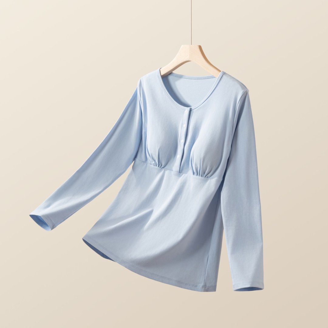 Ribbed cotton long-sleeve maternity nursing top with front buttons for breastfeeding, no need to wear a bra, plus-size loungewear