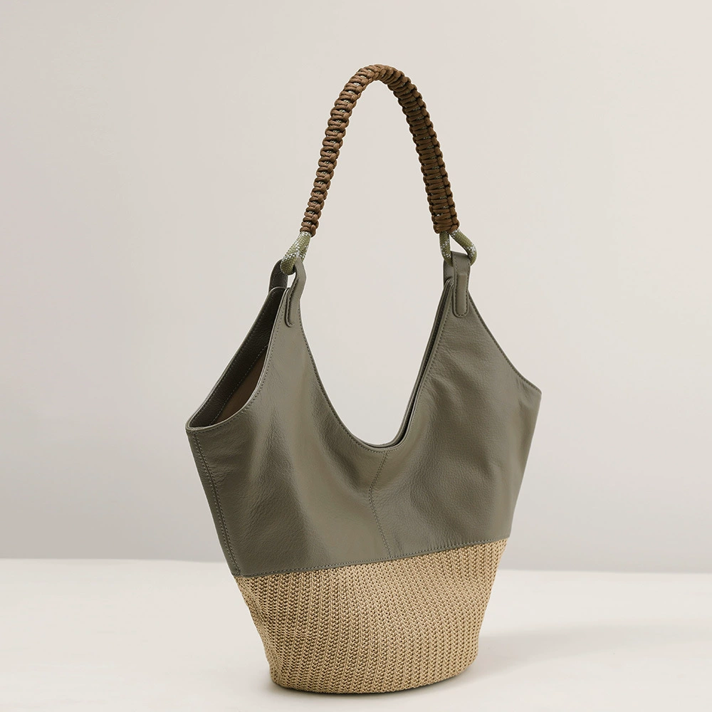 Leather straw capacious one-shoulder bag, cowhide, Korean style