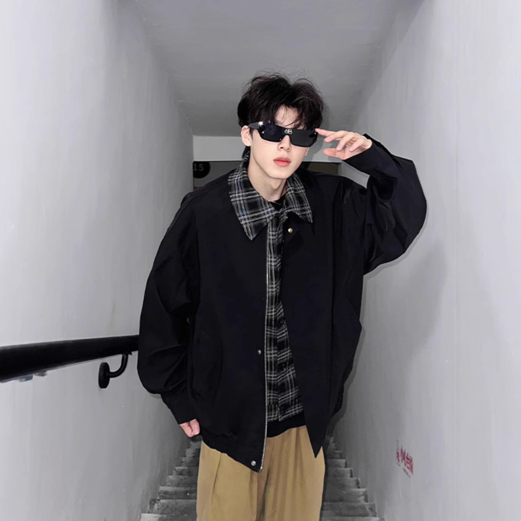 Casual And Cool Workwear Plaid Lapel Patchwork Jacket, Men's Trendy Loose Jacket_voghion.com