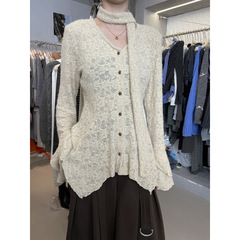 2025 Fashion Autumn/Winter Flannel Lace Sweet Pleated Edge Youthful One-Button Collar Top