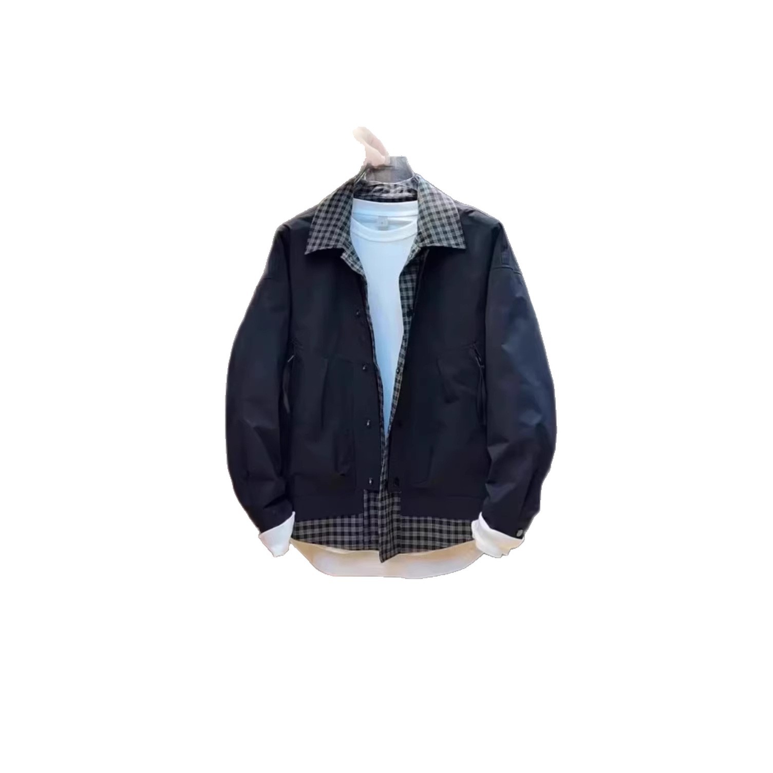 Arbeitsjacke mit kariertem Kragen und Reverskragen – Trendiges Oberteil für junge Leute – Schicke Freizeitjacke_voghion.com