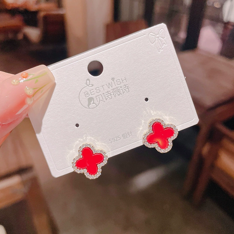 Earrings (BESTWISH) S925 silver posts, clover motif, small lightweight, colors black white green fuchsia