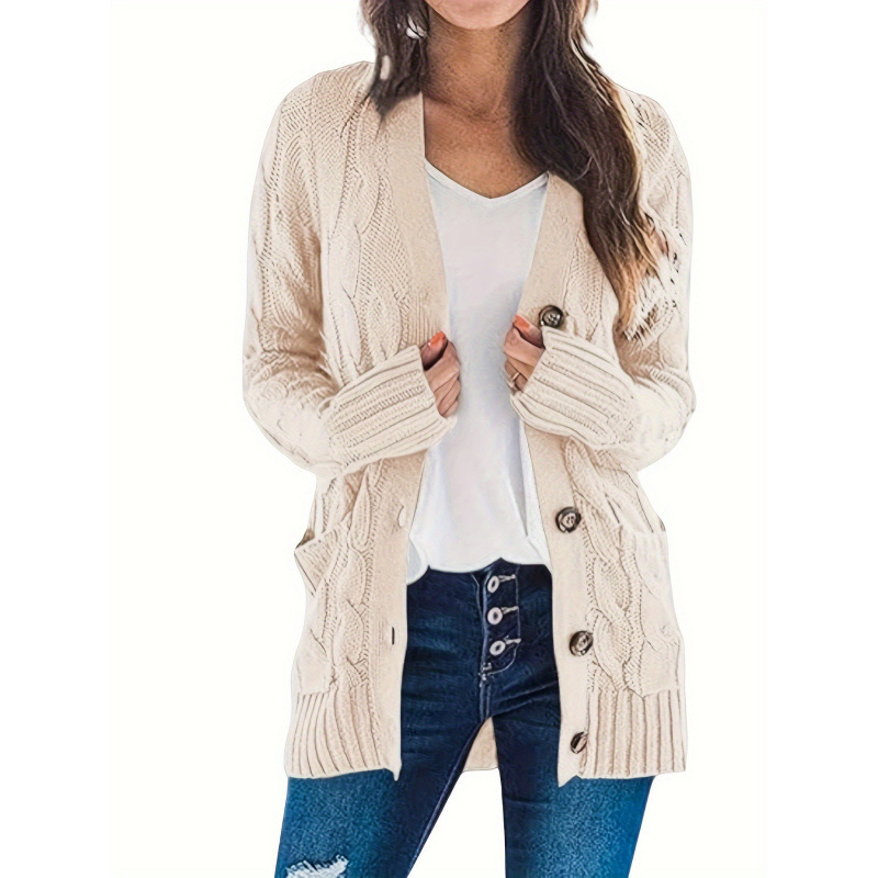 2026 Cross-Border New European and American Elegant Ladies Beige Cable Knitted Casual Cardigan Cross-Border Dropshipping