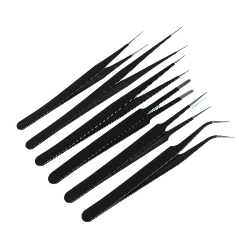 Pinzas negras pinzas antiestáticas de acero Inoxidable puntiagudas codo Romo clip de metal Nido de Pájaro clip de recogida de pelo Nie Zi