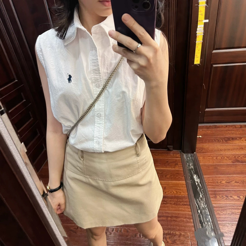 [Original Label with Qr Code] Rl Ralph Lauren Shirt Sleeveless Oxford Cloth Turn-Down Collar Embroidered Pony Logo Shirt