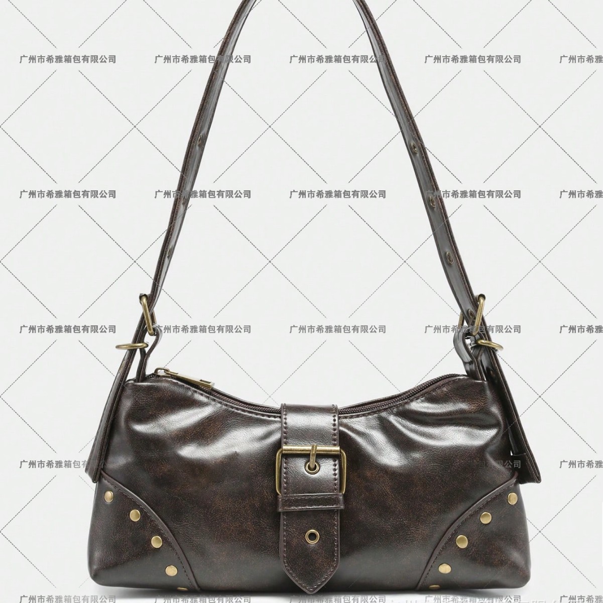 Women’s Vintage Maillard Distressed PU Leather Biker Baguette Underarm Shoulder Bag with Stud and Pin Buckle Detail
