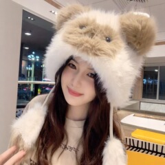 甜美可爱小猫毛绒帽子女款秋冬季防寒雷锋帽百搭保暖暹罗猫毛绒帽