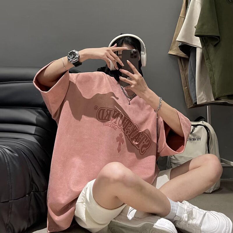 Suede Heavy Short-sleeved T-shirt Summer American Style Retro Trendy Brand Fashionable Loose Large Size Pink Casual T-shirt Suede Heavy Short-sleeved T-shirt Summer American Style Retro Trendy Brand Fashionable Loose Large Size Pink Casual T-shirt