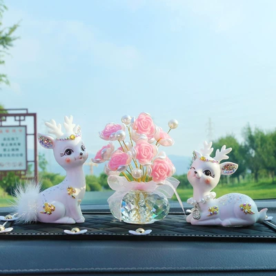 "Safe Journey" Deer, High-End | Car ornaments - diamond-auspicious-cloud-deercrystal-pink-rosemedium-daisy-pad