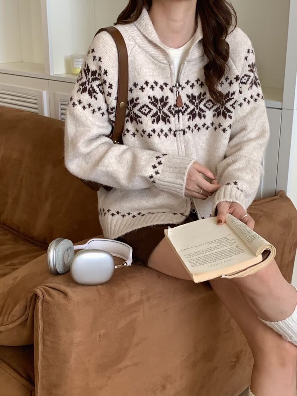 北欧复古费尔岛毛衣开衫外套女秋冬新款重工拉链宽松软糯针织衫潮|undefined