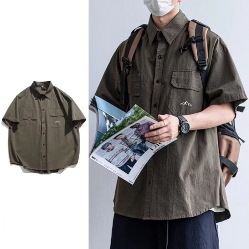 Japanese-style trendy irregular pocket workwear short-sleeved shirt, Instagram-inspired unisex functional style summer shirt