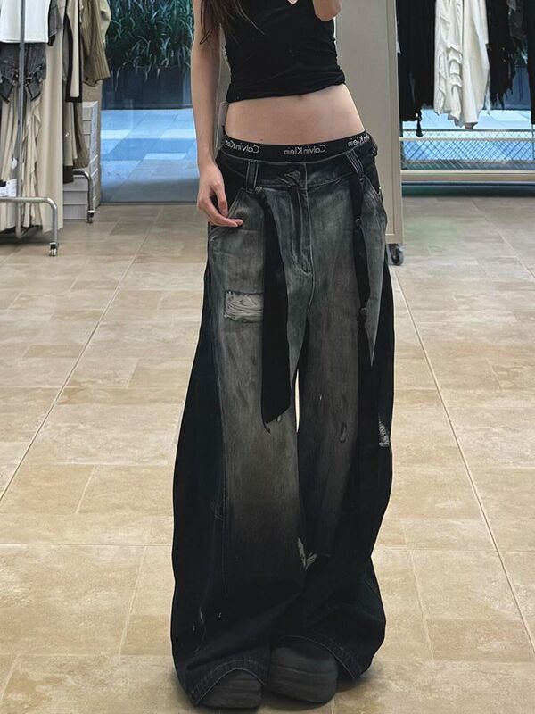 美式复古辣妹设计感做旧水洗牛仔裤子女2025夏破洞阔腿宽松拖地裤|undefined