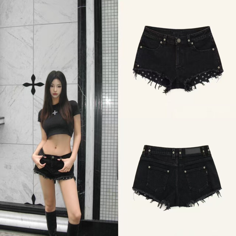 Sk Mustang Ultra-Low-Waist Lightning Denim Shorts, Stylish and Versatile Cotton Hot Pants Shorts