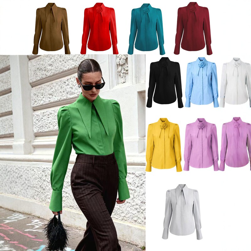 2026 New European and American Style Long-Sleeved Shirt for Women, Slim Fit, Rose Flower Collar Design, Elegant Top 2026 New European and American Style Long-Sleeved Shirt for Women, Slim Fit, Rose Flower Collar Design, Elegant Top