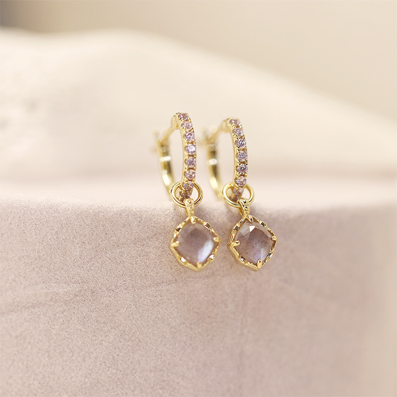 Dunli Jewelry Double Layer Stone Earrings Women's Amethyst + Labradorite S925 Silver Temperament Light Luxury Easiest for Match Earrings Wholesale