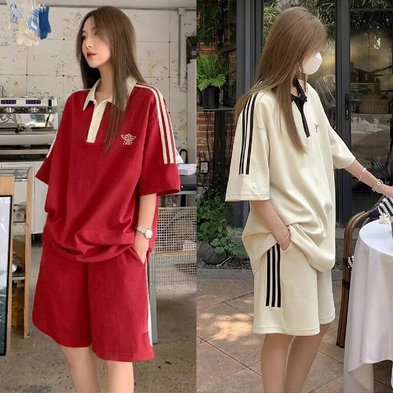 Imitation Cotton Casual Sports Suit for Women Summer Loose Large Size Student Fashion Mid-Sleeve Polo Shirt Shorts Two-Piece Set